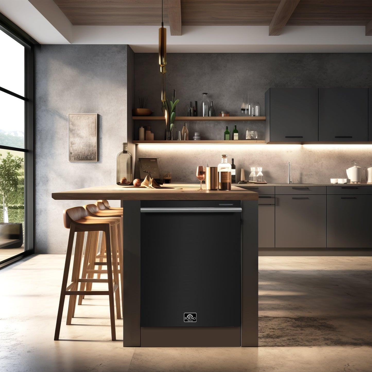 FORNO Espresso Package - 30" Electric Range, Over-The-Range Microwave, 36" Refrigerator with Water Dispenser/Ice Maker and Dishwasher in Black with Stainless Steel Accents, AP4-6012BLK-S14