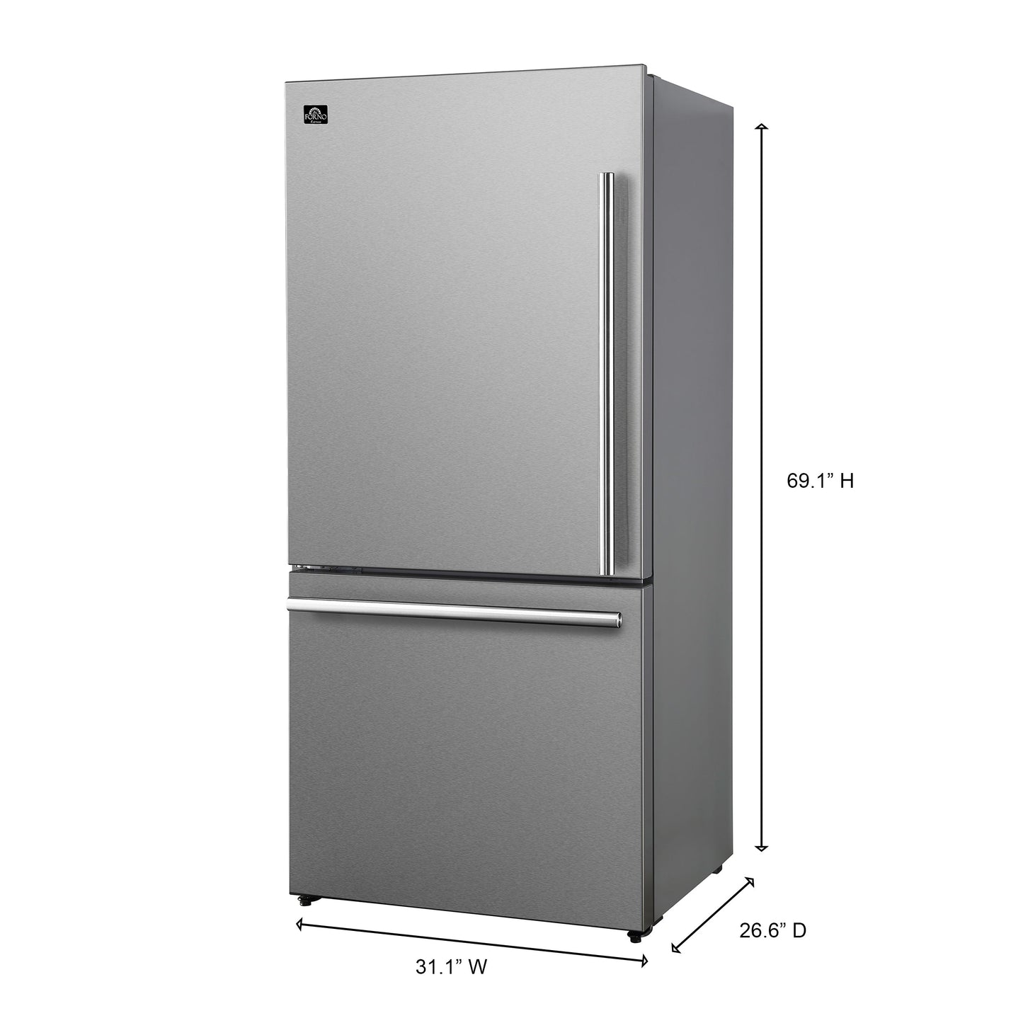 Forno Espresso Milano 31-Inch French Door Refrigerator with Bottom Freezer, 17.2 cu ft, Left Swing, Ice Maker, Stainless Steel, Model FFFFD1786-31S