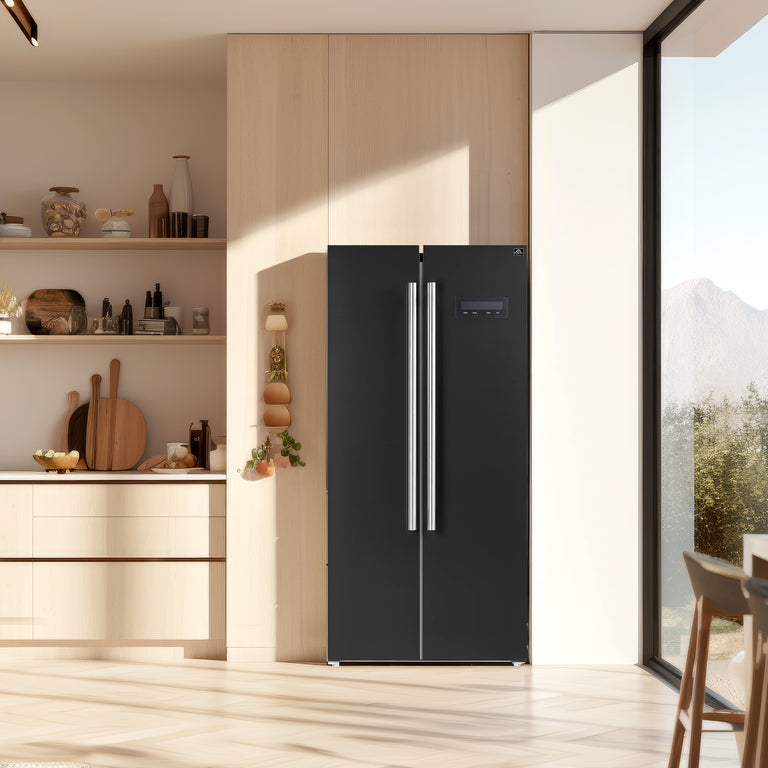 FORNO Espresso Package - 30" Electric Range, Range Hood and Refrigerator in Black with Stainless Steel Handles