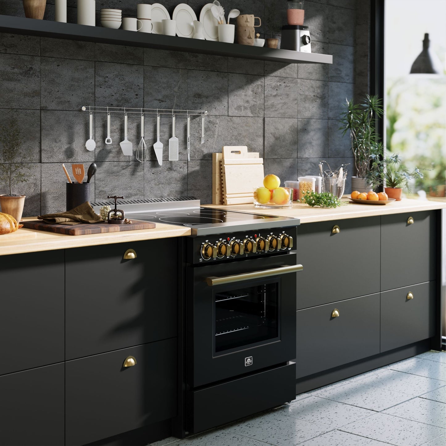 FORNO Paolo Package - 30" Electric Range, Wall Mount Range Hood, 36" Refrigerator with Water and Ice Dispenser and Dishwasher in Black with Antique Brass Accents, AP4-6011BLK-A17