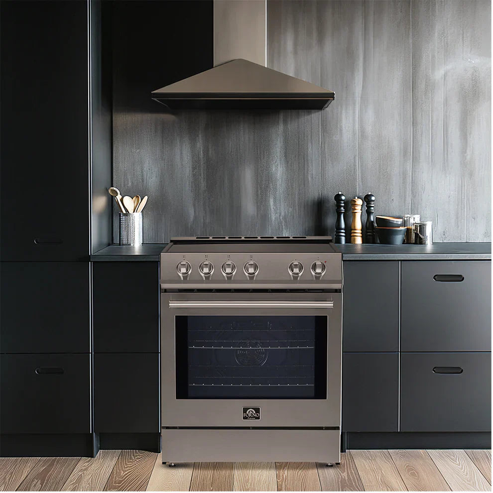 FORNO Espresso Package - 30" Induction Range, Range Hood, 36" Refrigerator with Ice Maker and Dishwasher in Stainless Steel