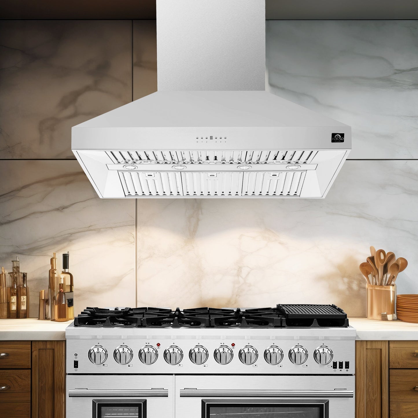 FORNO Appliance Package - 48" Gas Range, Range Hood, 60" Refrigerator, Dishwasher, Microwave Drawer, AP-FFSGS6244-48-5P