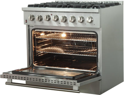 FORNO Appliance Package - 36 Inch Dual Fuel Range, Wall Mount Range Hood, Microwave Drawer, AP-FFSGS6156-36-3