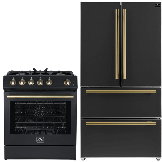 FORNO Espresso Package - 30" Gas Range and 36" Refrigerator with Ice Maker in Black with Antique Brass Accents