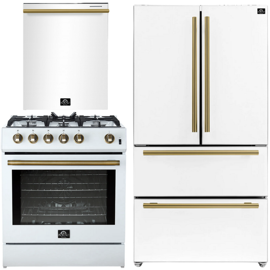 FORNO Espresso Package - 30" Gas Range, 36" Refrigerator with Ice Maker and Dishwasher in White with Antique Brass Accents