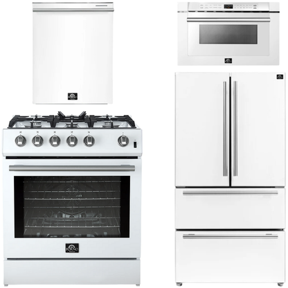 FORNO Espresso Package - 30" Gas Range, 36" Refrigerator with Ice Maker, Dishwasher and 24" Microwave Drawer in White with Stainless Steel Accents