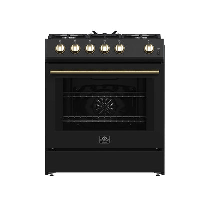 FORNO Espresso Leonardo 30" 5 cu. ft. Gas Range in Black with Antique Brass Handles, FFSGS1116-30BLK