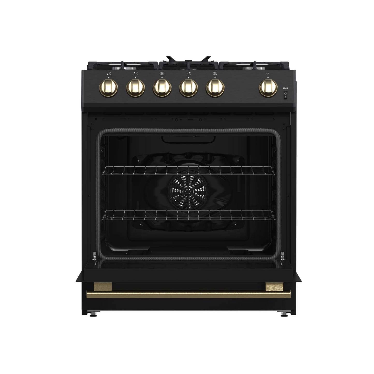 FORNO Espresso Leonardo 30" 5 cu. ft. Gas Range in Black with Antique Brass Handles, FFSGS1116-30BLK