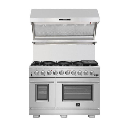 FORNO Package - 48" Dual Fuel Range, Wall Mount Range Hood, Refrigerator, Microwave, Dishwasher