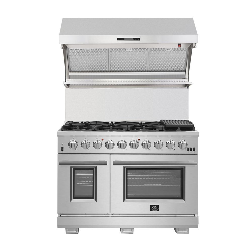 FORNO Package - 48" Gas Range, Wall Mount Range Hood, Refrigerator, Microwave, Dishwasher, AP-FFSGS6260-48-8
