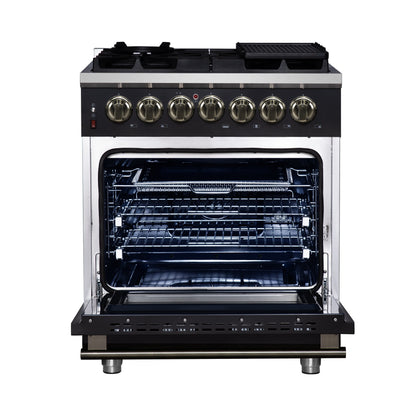 Forno Massimo 30-Inch Freestanding Dual Fuel Range, 4.32 cu. ft. Oven, 5 Sealed Burners, Air Fry Kit, Griddle, Wok Ring, Black with Antique Brass, Model FFSGS6125-30BLK