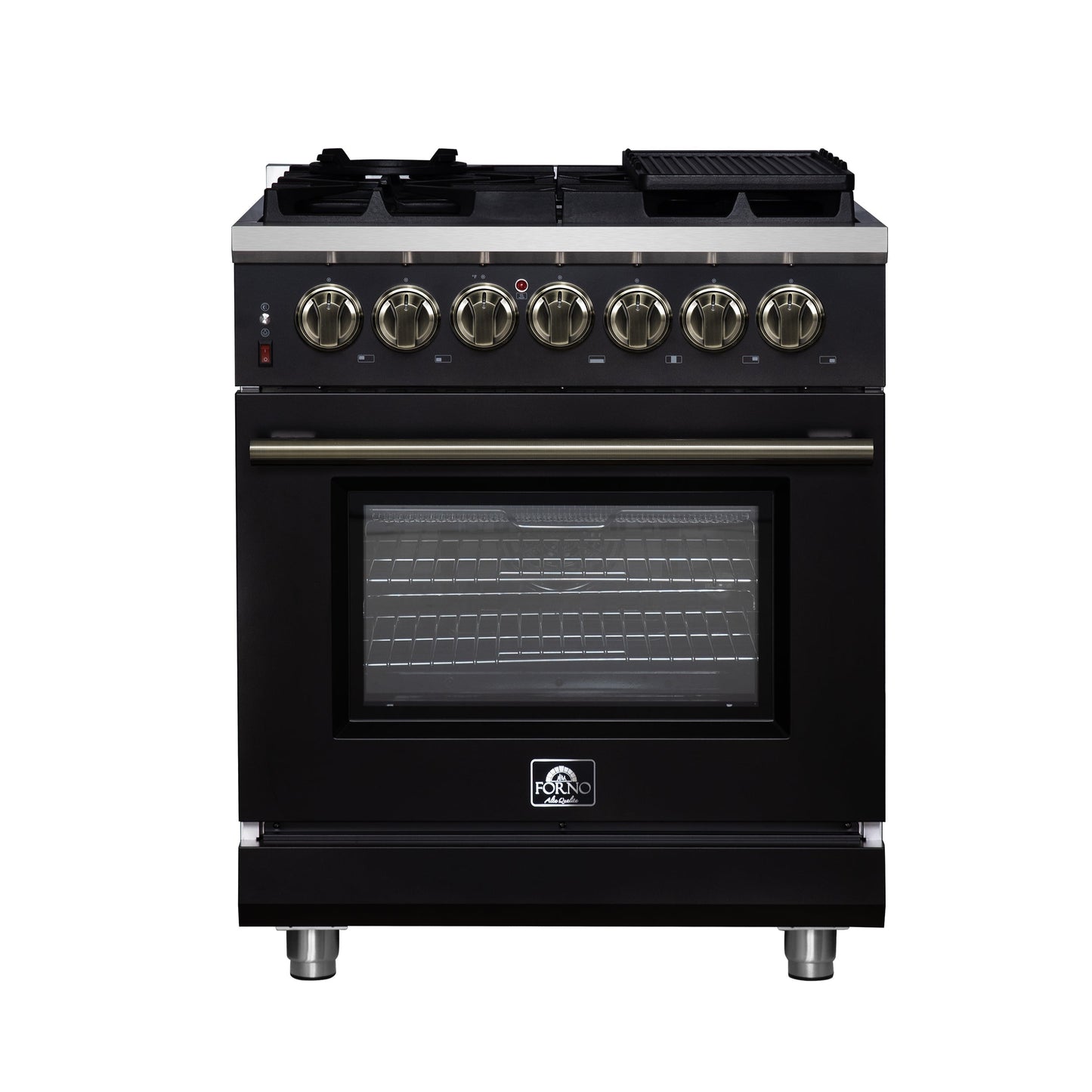Forno Massimo 30-Inch Freestanding Dual Fuel Range, 4.32 cu. ft. Oven, 5 Sealed Burners, Air Fry Kit, Griddle, Wok Ring, Black with Antique Brass, Model FFSGS6125-30BLK