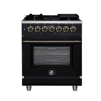 Forno Massimo 30-Inch Freestanding Dual Fuel Range, 4.32 cu. ft. Oven, 5 Sealed Burners, Air Fry Kit, Griddle, Wok Ring, Black with Antique Brass, Model FFSGS6125-30BLK