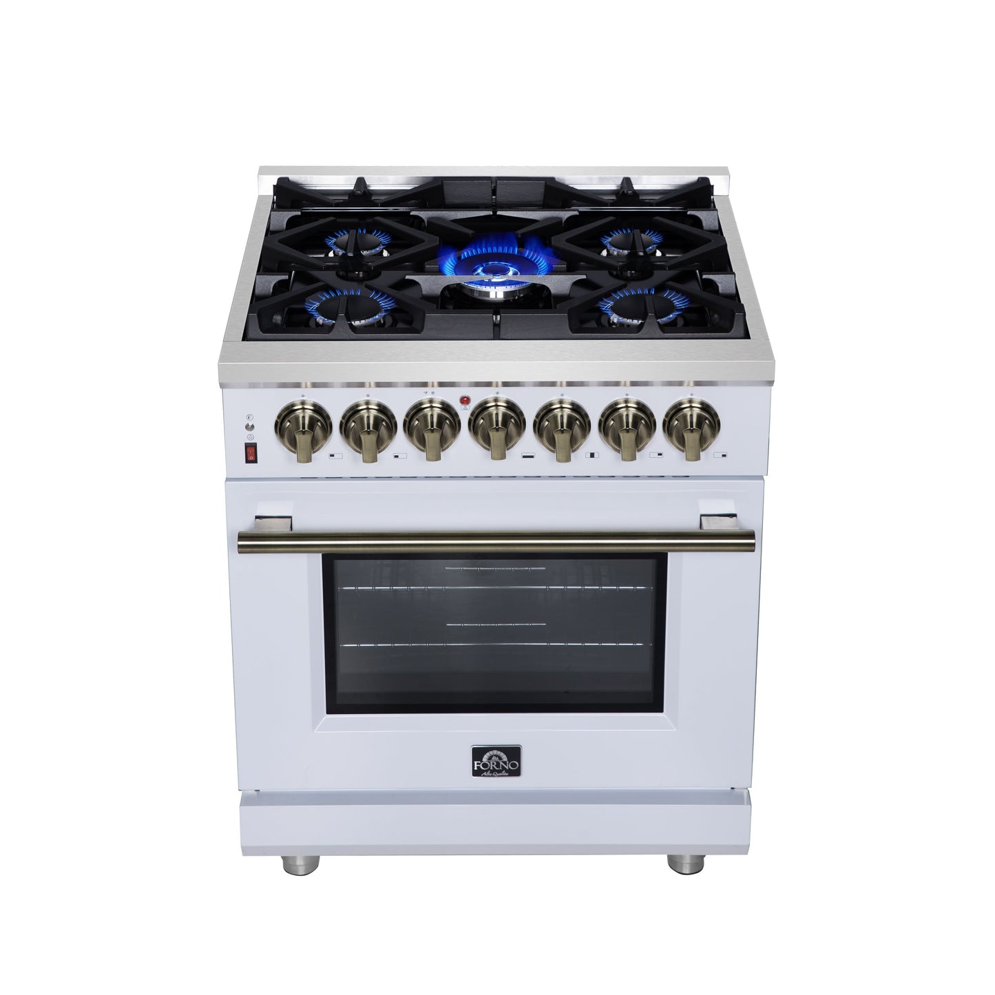Forno Massimo 30-Inch Freestanding Dual Fuel Range, 4.32 cu. ft., 5 Sealed Burners, Air Fryer Kit, Wok Ring & Griddle, White with Antique Brass Accents (Model FFSGS6125-30WHT)