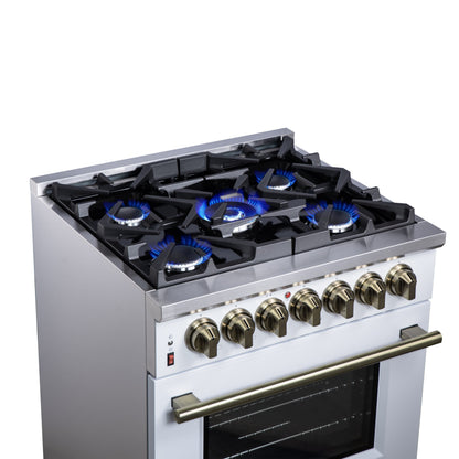 Forno Massimo 30-Inch Freestanding Dual Fuel Range, 4.32 cu. ft., 5 Sealed Burners, Air Fryer Kit, Wok Ring & Griddle, White with Antique Brass Accents (Model FFSGS6125-30WHT)