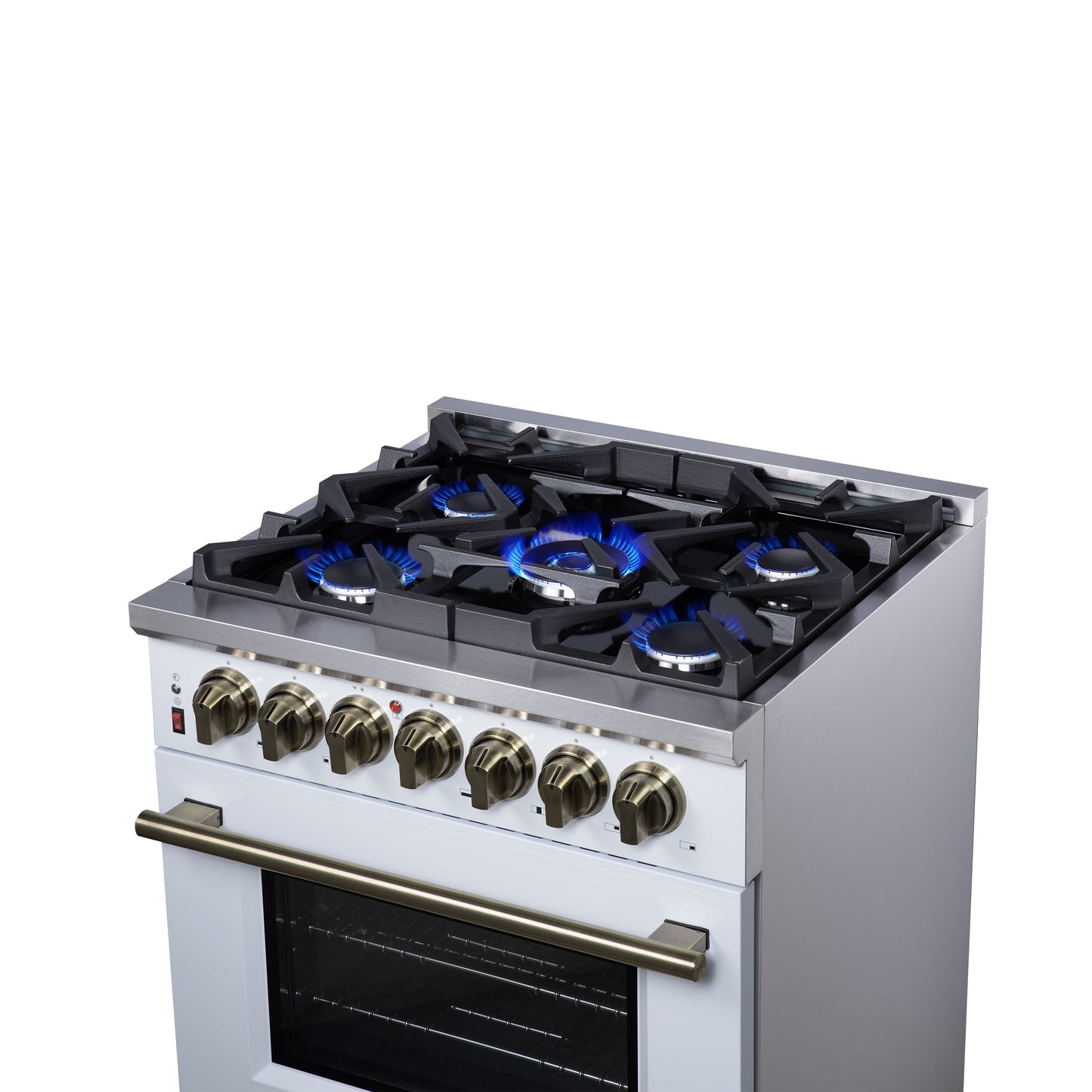 Forno Massimo 30-Inch Freestanding Dual Fuel Range, 4.32 cu. ft., 5 Sealed Burners, Air Fryer Kit, Wok Ring & Griddle, White with Antique Brass Accents (Model FFSGS6125-30WHT)