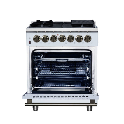 Forno Massimo 30-Inch Freestanding Dual Fuel Range, 4.32 cu. ft., 5 Sealed Burners, Air Fryer Kit, Wok Ring & Griddle, White with Antique Brass Accents (Model FFSGS6125-30WHT)