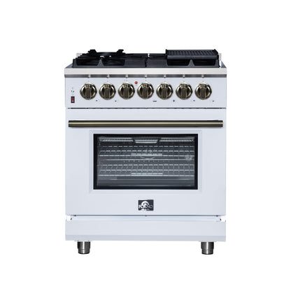 Forno Massimo 30-Inch Freestanding Dual Fuel Range, 4.32 cu. ft., 5 Sealed Burners, Air Fryer Kit, Wok Ring & Griddle, White with Antique Brass Accents (Model FFSGS6125-30WHT)