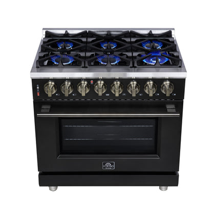 Forno Massimo 36-Inch Freestanding Dual Fuel Range, 6 Sealed Burners, 5.36 cu. ft. Convection Oven, Air Fry Kit, Wok Ring & Reversible Griddle, White with Brass Accents (Model FFSGS6125-36)