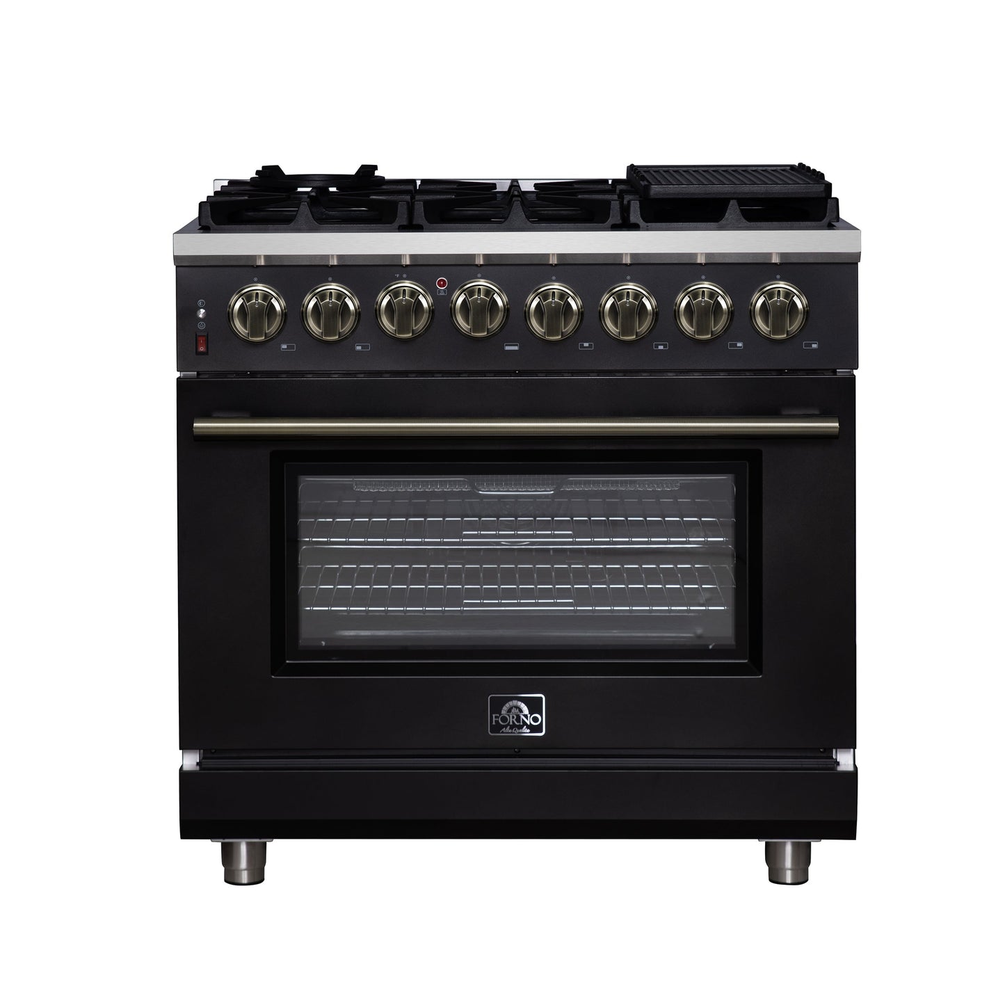 Forno Massimo 36-Inch Freestanding Dual Fuel Range, 6 Sealed Burners, 5.36 cu. ft. Convection Oven, Air Fry Kit, Wok Ring & Reversible Griddle, White with Brass Accents (Model FFSGS6125-36)