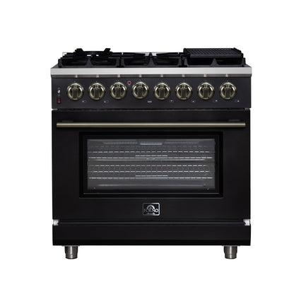 Forno Massimo 36-Inch Freestanding Dual Fuel Range, 6 Sealed Burners, 5.36 cu. ft. Convection Oven, Air Fry Kit, Wok Ring & Reversible Griddle, White with Brass Accents (Model FFSGS6125-36)