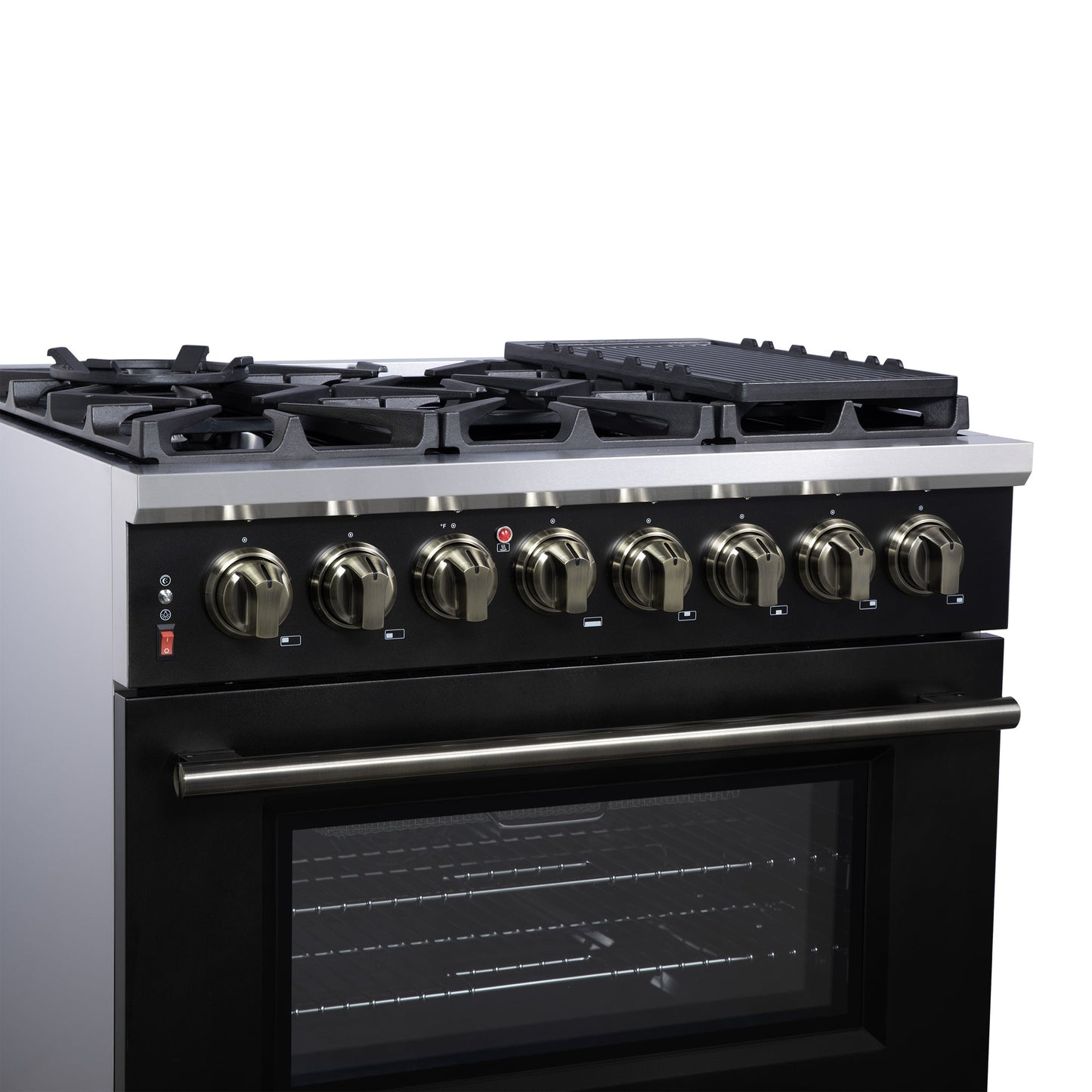 Forno Massimo 36-Inch Freestanding Dual Fuel Range, 6 Sealed Burners, 5.36 cu. ft. Convection Oven, Air Fry Kit, Wok Ring & Reversible Griddle, White with Brass Accents (Model FFSGS6125-36)