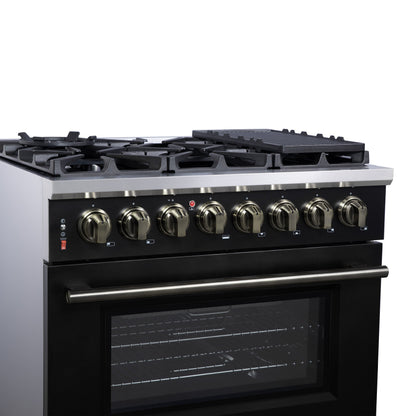 Forno Massimo 36-Inch Freestanding Dual Fuel Range, 6 Sealed Burners, 5.36 cu. ft. Convection Oven, Air Fry Kit, Wok Ring & Reversible Griddle, White with Brass Accents (Model FFSGS6125-36)