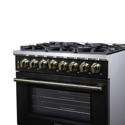 Forno Massimo 36-Inch Freestanding Dual Fuel Range, 6 Sealed Burners, 5.36 cu. ft. Convection Oven, Air Fry Kit, Wok Ring & Reversible Griddle, White with Brass Accents (Model FFSGS6125-36)