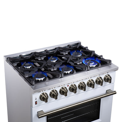FORNO Massimo 36-Inch Freestanding Dual Fuel Range, 6 Sealed Burners, 5.36 cu. ft. Convection Oven, Air Fry Basket, Wok Support, Griddle, Black with Antique Brass Accents (Model FFSGS6125-36WHT)