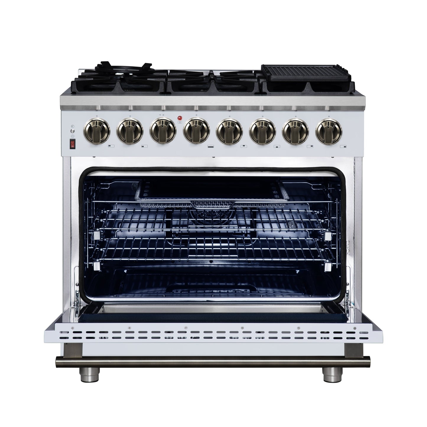 FORNO Massimo 36-Inch Freestanding Dual Fuel Range, 6 Sealed Burners, 5.36 cu. ft. Convection Oven, Air Fry Basket, Wok Support, Griddle, Black with Antique Brass Accents (Model FFSGS6125-36WHT)