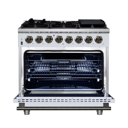 FORNO Massimo 36-Inch Freestanding Dual Fuel Range, 6 Sealed Burners, 5.36 cu. ft. Convection Oven, Air Fry Basket, Wok Support, Griddle, Black with Antique Brass Accents (Model FFSGS6125-36WHT)