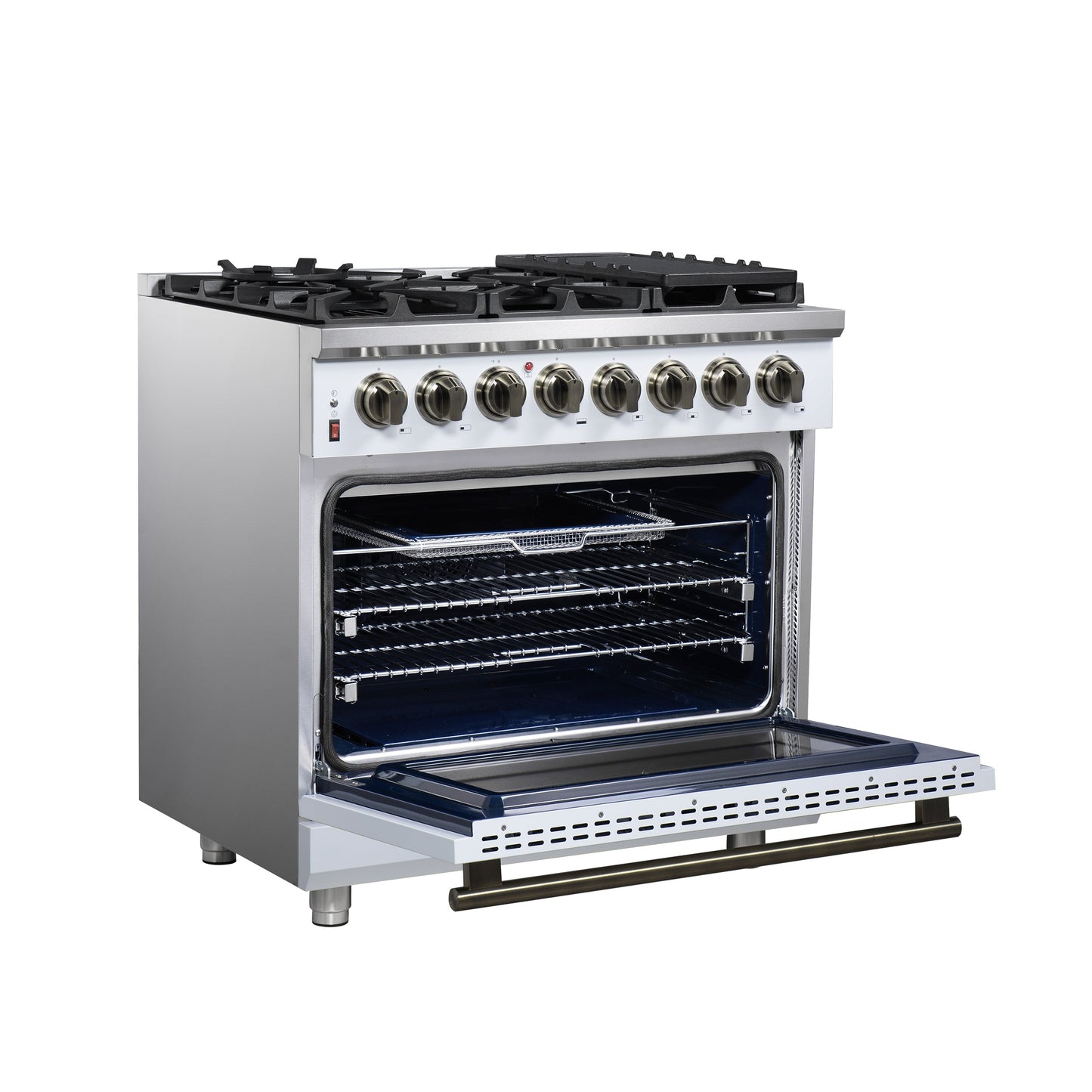 FORNO Massimo 36-Inch Freestanding Dual Fuel Range, 6 Sealed Burners, 5.36 cu. ft. Convection Oven, Air Fry Basket, Wok Support, Griddle, Black with Antique Brass Accents (Model FFSGS6125-36WHT)