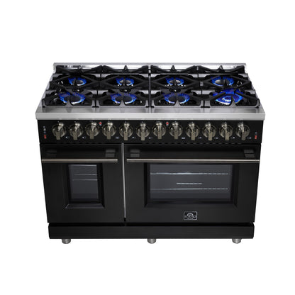 Forno Massimo 48-Inch Freestanding Dual Fuel Range, 6.58 Cu. Ft., 8 Sealed Burners, Air Fryer Kit, Black with Antique Brass, Model FFSGS6125-48BLK