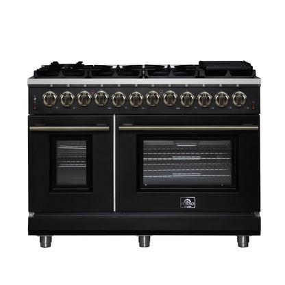 Forno Massimo 48-Inch Freestanding Dual Fuel Range, 6.58 Cu. Ft., 8 Sealed Burners, Air Fryer Kit, Black with Antique Brass, Model FFSGS6125-48BLK