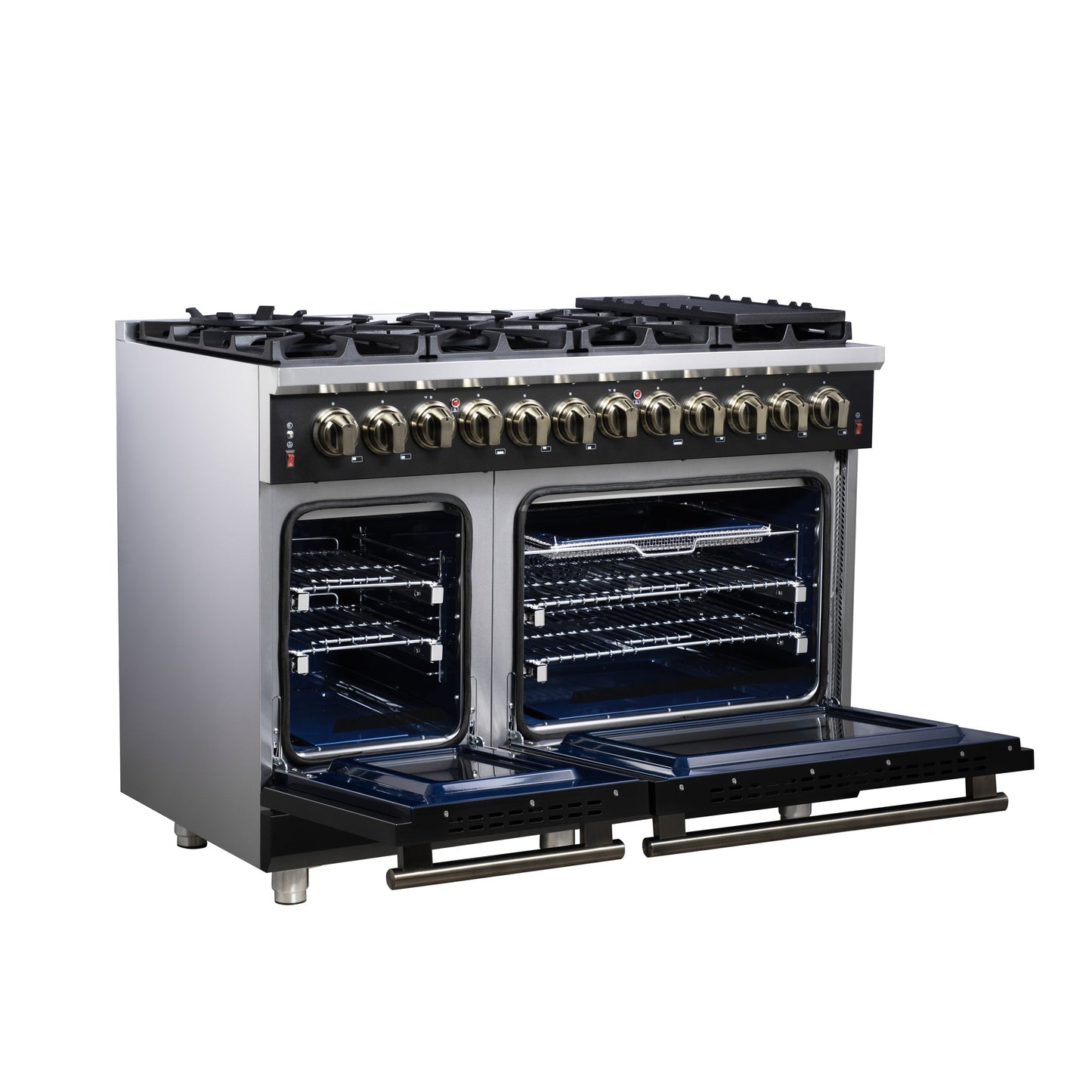 Forno Massimo 48-Inch Freestanding Dual Fuel Range, 6.58 Cu. Ft., 8 Sealed Burners, Air Fryer Kit, Black with Antique Brass, Model FFSGS6125-48BLK