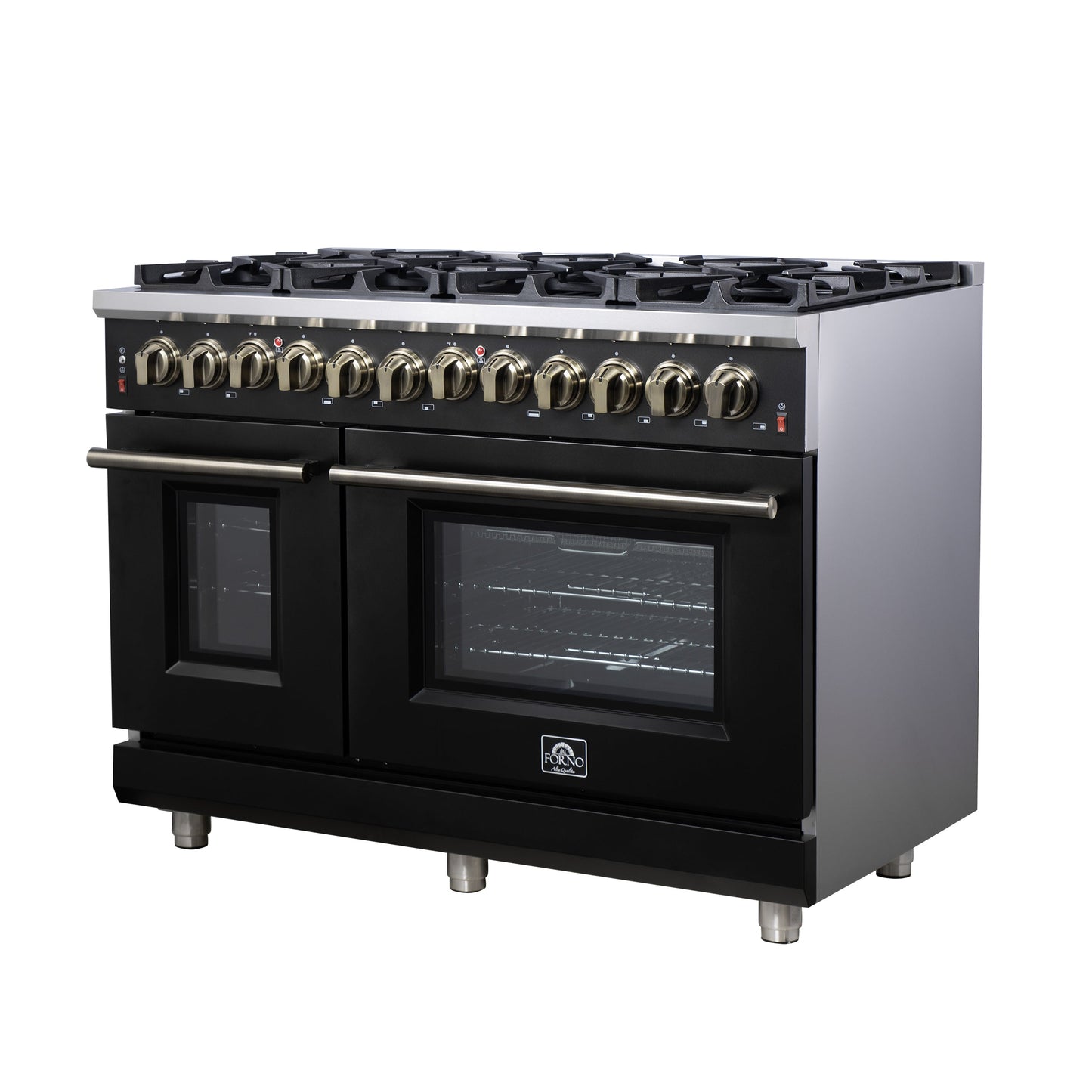Forno Massimo 48-Inch Freestanding Dual Fuel Range, 6.58 Cu. Ft., 8 Sealed Burners, Air Fryer Kit, Black with Antique Brass, Model FFSGS6125-48BLK