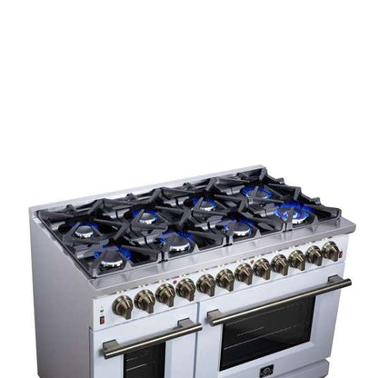 Forno Massimo 48-Inch Freestanding Dual Fuel Range, 6.58 cu. ft. Oven, 8 Sealed Burners, White with Antique Brass Trim (Model FFSGS6125-48WHT)