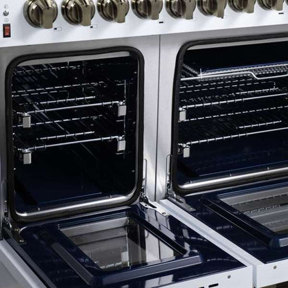 Forno Massimo 48-Inch Freestanding Dual Fuel Range, 6.58 cu. ft. Oven, 8 Sealed Burners, White with Antique Brass Trim (Model FFSGS6125-48WHT)