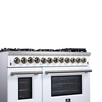 Forno Massimo 48-Inch Freestanding Dual Fuel Range, 6.58 cu. ft. Oven, 8 Sealed Burners, White with Antique Brass Trim (Model FFSGS6125-48WHT)
