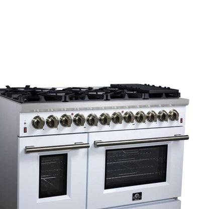 Forno Massimo 48-Inch Freestanding Dual Fuel Range, 6.58 cu. ft. Oven, 8 Sealed Burners, White with Antique Brass Trim (Model FFSGS6125-48WHT)