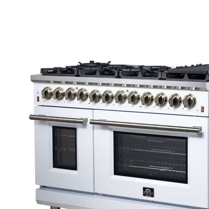 Forno Massimo 48-Inch Freestanding Dual Fuel Range, 6.58 cu. ft. Oven, 8 Sealed Burners, White with Antique Brass Trim (Model FFSGS6125-48WHT)