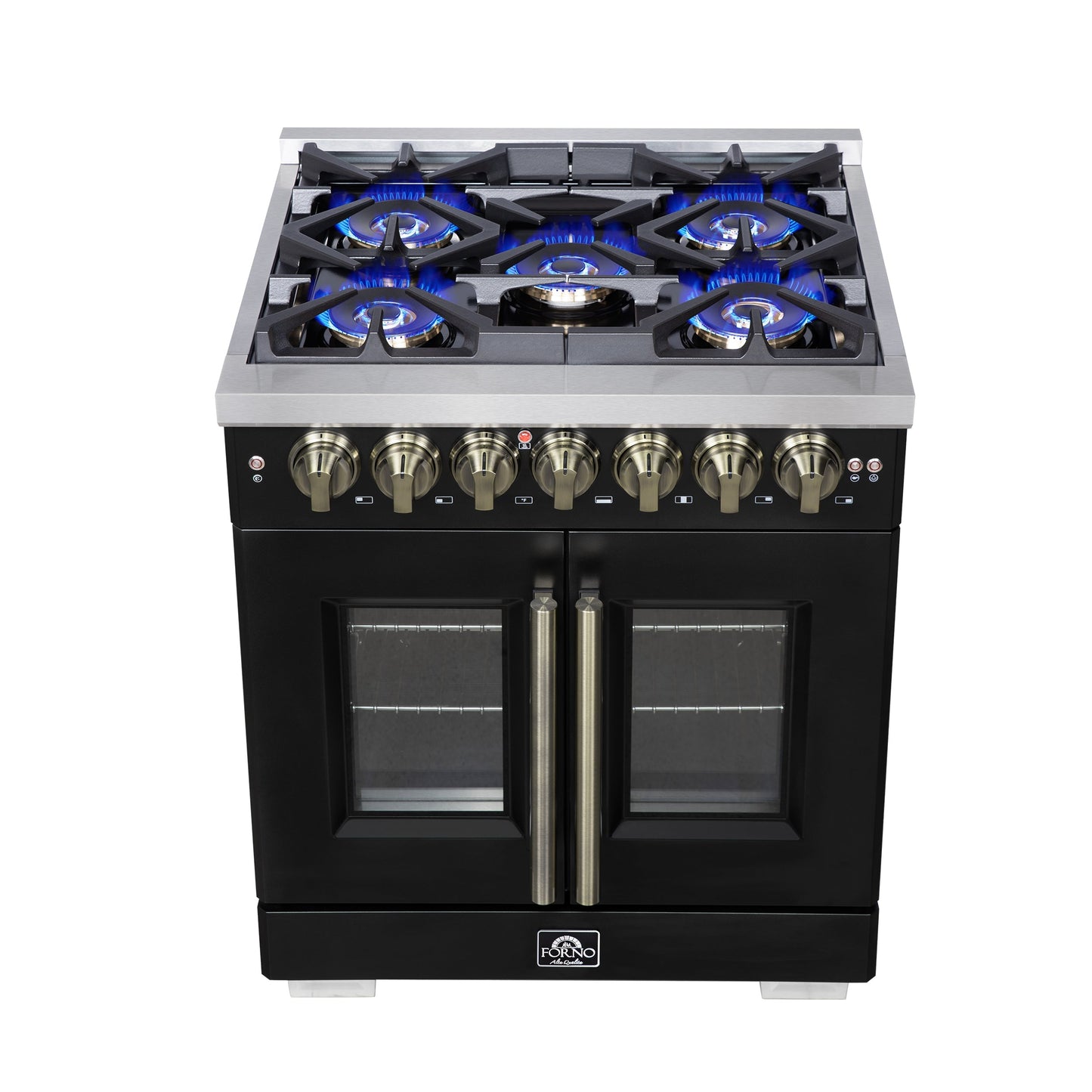 Forno Capriasca 30-Inch French Door Dual Fuel Range, 4.32 cu. ft., 5 Sealed Brass Burners, Air Fryer, Rotisserie, Griddle, Black with Antique Brass Accents (FFSGS6387-30BLK)