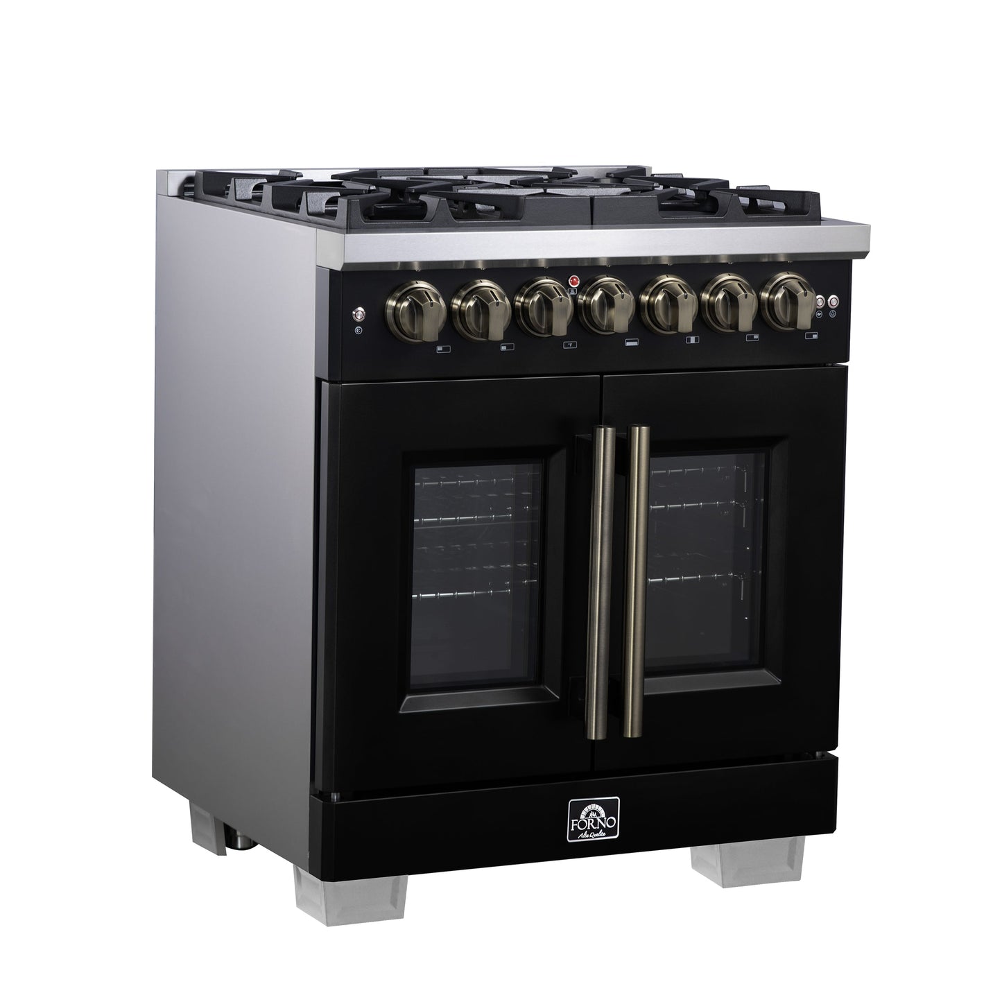 Forno Capriasca 30-Inch French Door Dual Fuel Range, 4.32 cu. ft., 5 Sealed Brass Burners, Air Fryer, Rotisserie, Griddle, Black with Antique Brass Accents (FFSGS6387-30BLK)