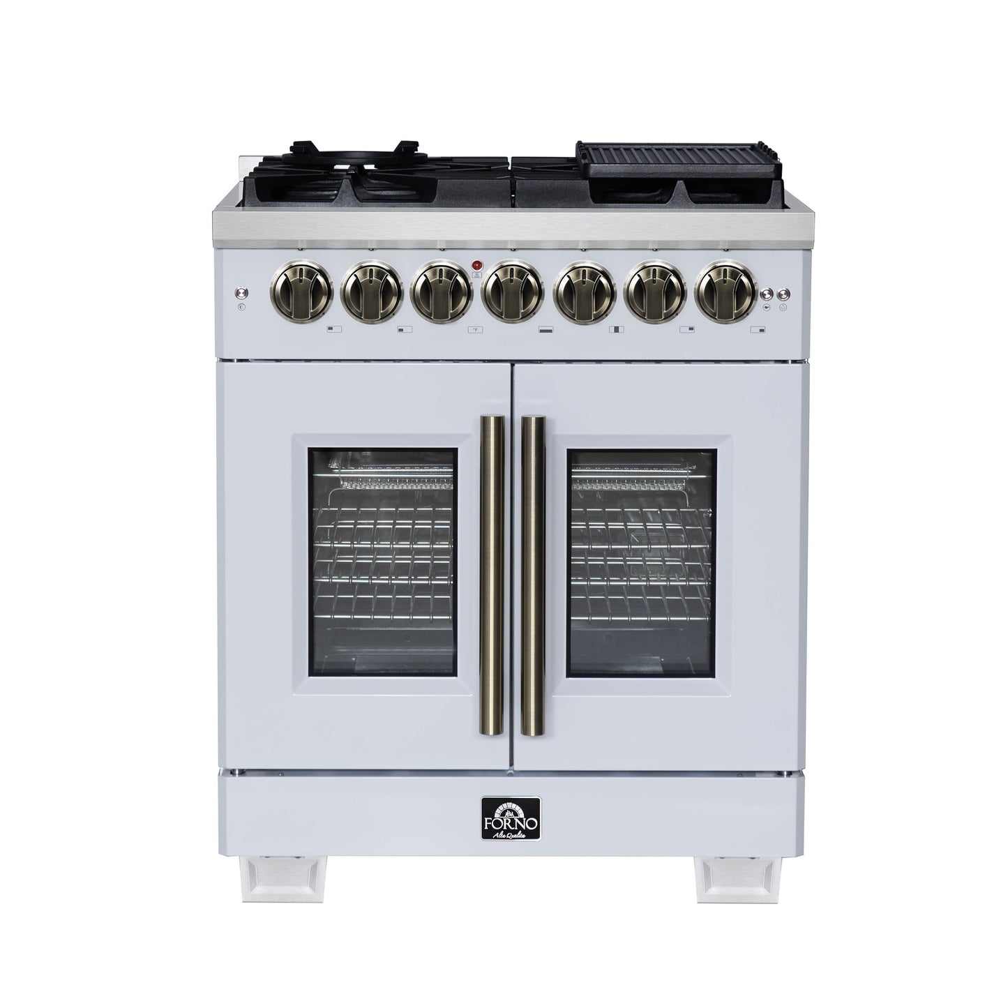 Forno Capriasca 30-Inch Freestanding Dual Fuel Range, 4.32 cu. ft. Oven, 5 Sealed Brass Burners, French Door, White with Antique Brass Accents (Model FFSGS6387-30WHT)