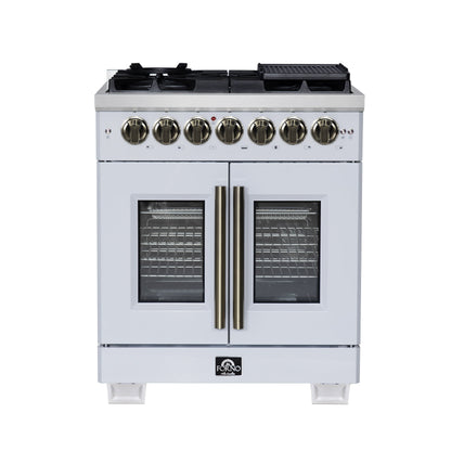 Forno Capriasca 30-Inch Freestanding Dual Fuel Range, 4.32 cu. ft. Oven, 5 Sealed Brass Burners, French Door, White with Antique Brass Accents (Model FFSGS6387-30WHT)