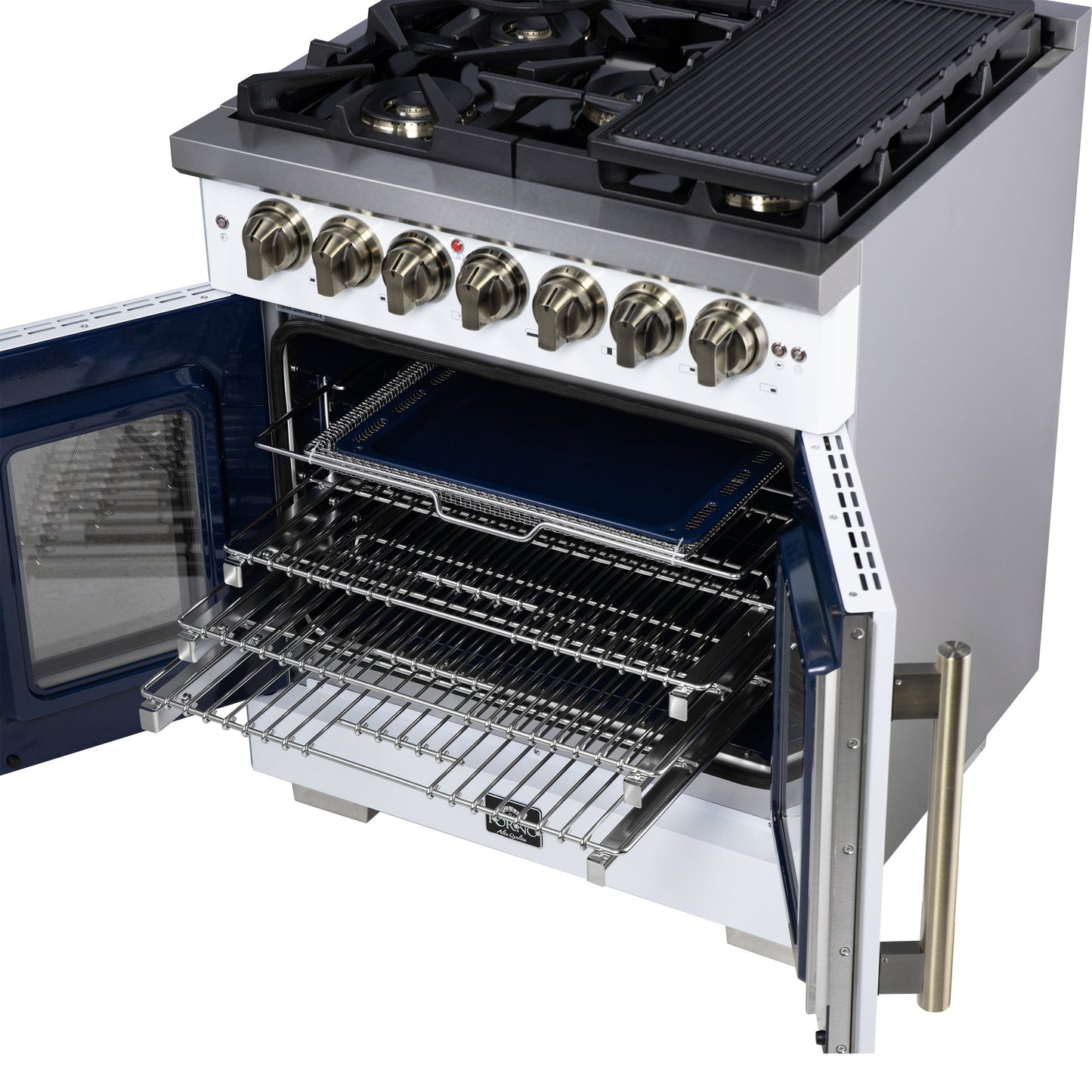 Forno Capriasca 30-Inch Freestanding Dual Fuel Range, 4.32 cu. ft. Oven, 5 Sealed Brass Burners, French Door, White with Antique Brass Accents (Model FFSGS6387-30WHT)