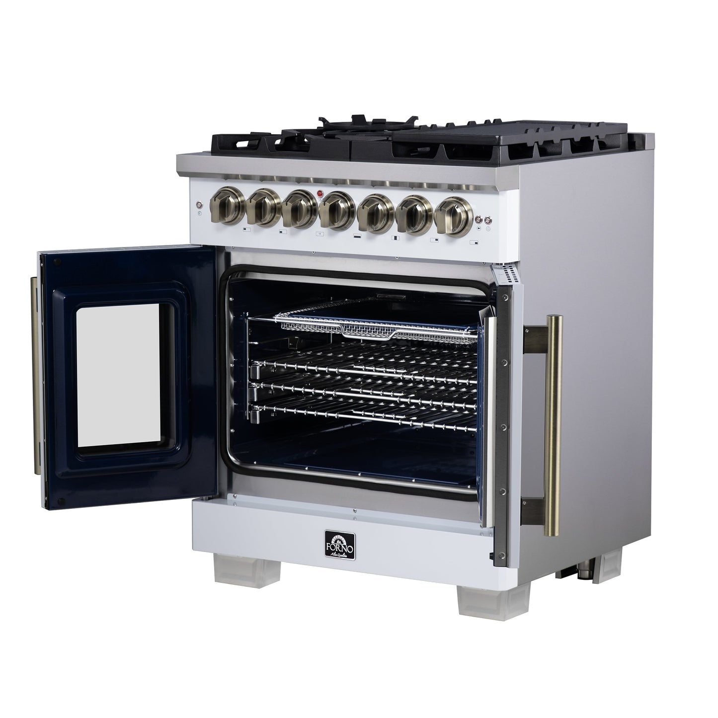 Forno Capriasca 30-Inch Freestanding Dual Fuel Range, 4.32 cu. ft. Oven, 5 Sealed Brass Burners, French Door, White with Antique Brass Accents (Model FFSGS6387-30WHT)