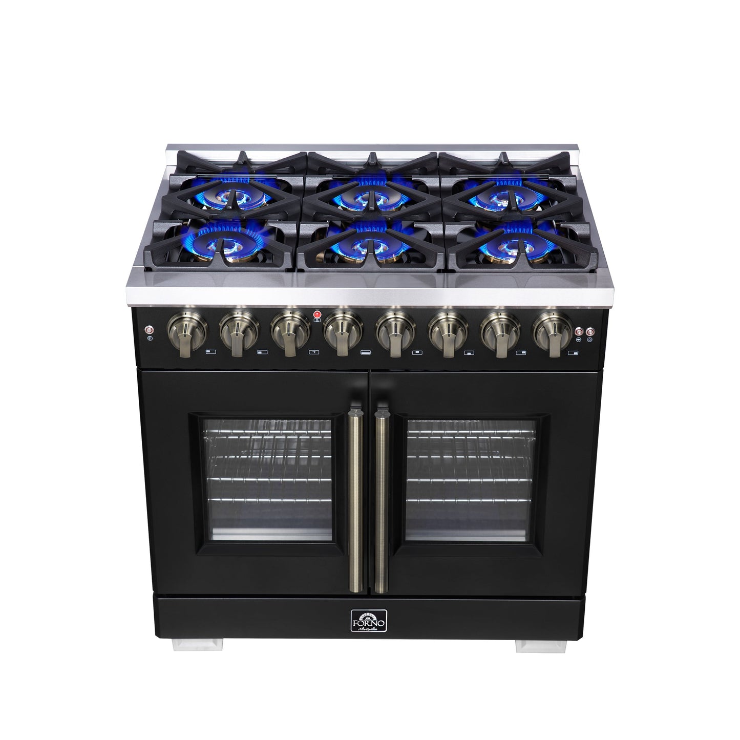 Forno Capriasca 36-Inch Dual Fuel Range, 5.36 Cu. Ft., 6 Sealed Brass Burners, Black with Antique Brass Accents, FFSGS6387-36BLK