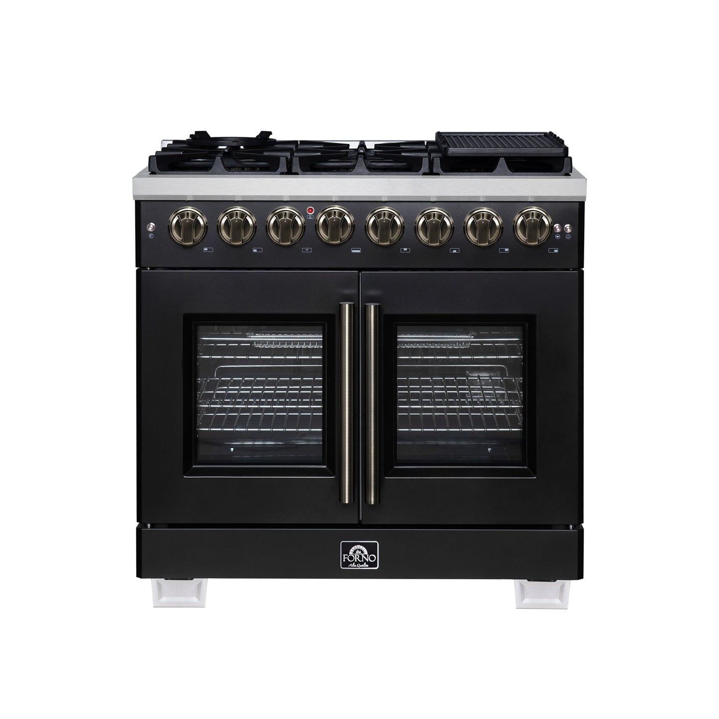 Forno Capriasca 36-Inch Dual Fuel Range, 5.36 Cu. Ft., 6 Sealed Brass Burners, Black with Antique Brass Accents, FFSGS6387-36BLK