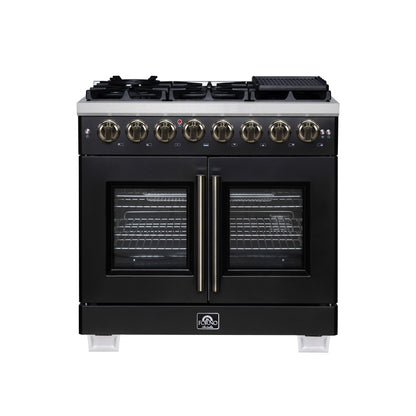 Forno Capriasca 36-Inch Dual Fuel Range, 5.36 Cu. Ft., 6 Sealed Brass Burners, Black with Antique Brass Accents, FFSGS6387-36BLK